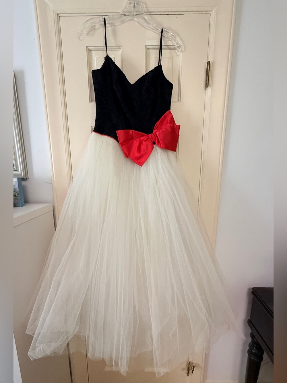 Vintage Black & White Tulle Dress with Red Bow